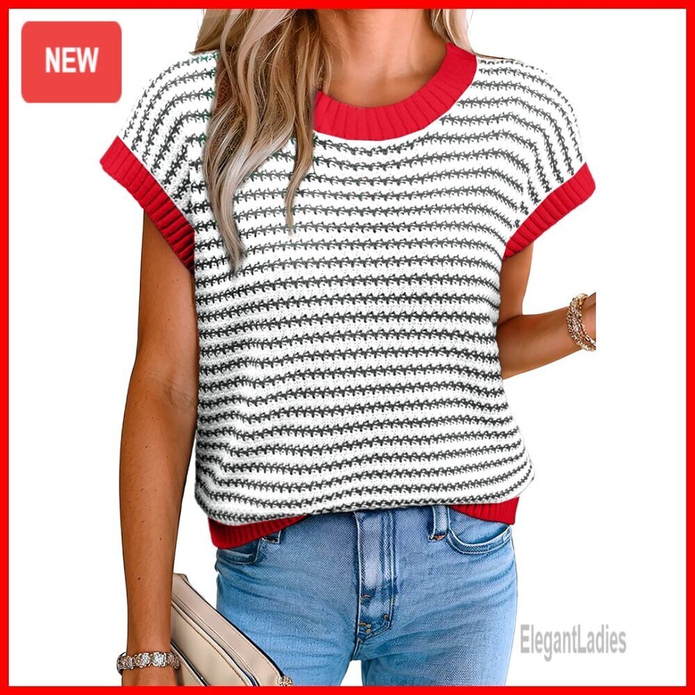 Lightweight Striped Sweater Vest, Cap Sleeve, Crew Neck, Pullover, Summer Casual